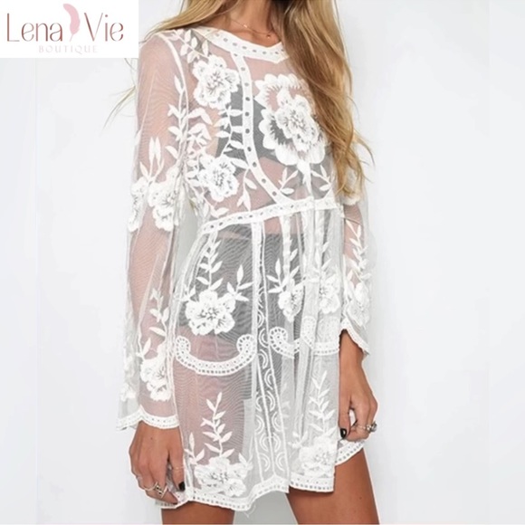 Intricate Soft Scallop Lace Beach Coverup Dress, Lace Crochet Mini Dress - Picture 2 of 6
